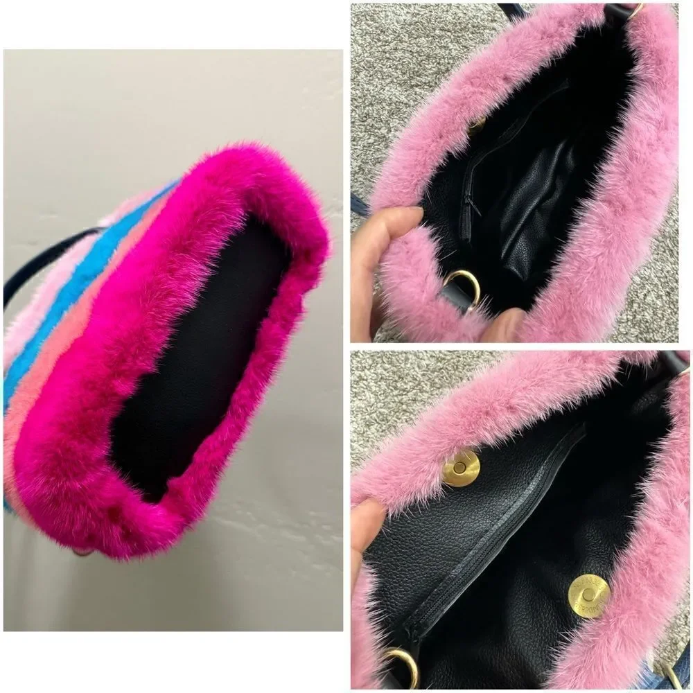 Colorful Striped Handmade Real Mink Fur Mini Tote/Crossbody & Pony Bag Charm
